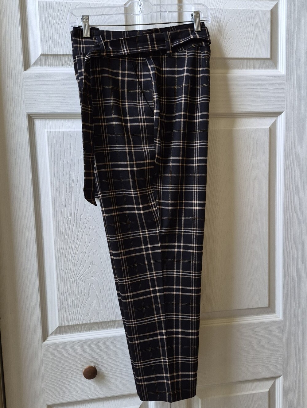 LOFT Black and Cream Plaid Straight-Leg Pants